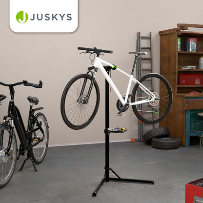 Juskys Bike Repair Stand, up to 50 kg for E-bikes, foldable & height adjustable, clamp head rotates 360°, rubber coating & tool tray, heavy-duty stand for 24 to 29 inch bikes.