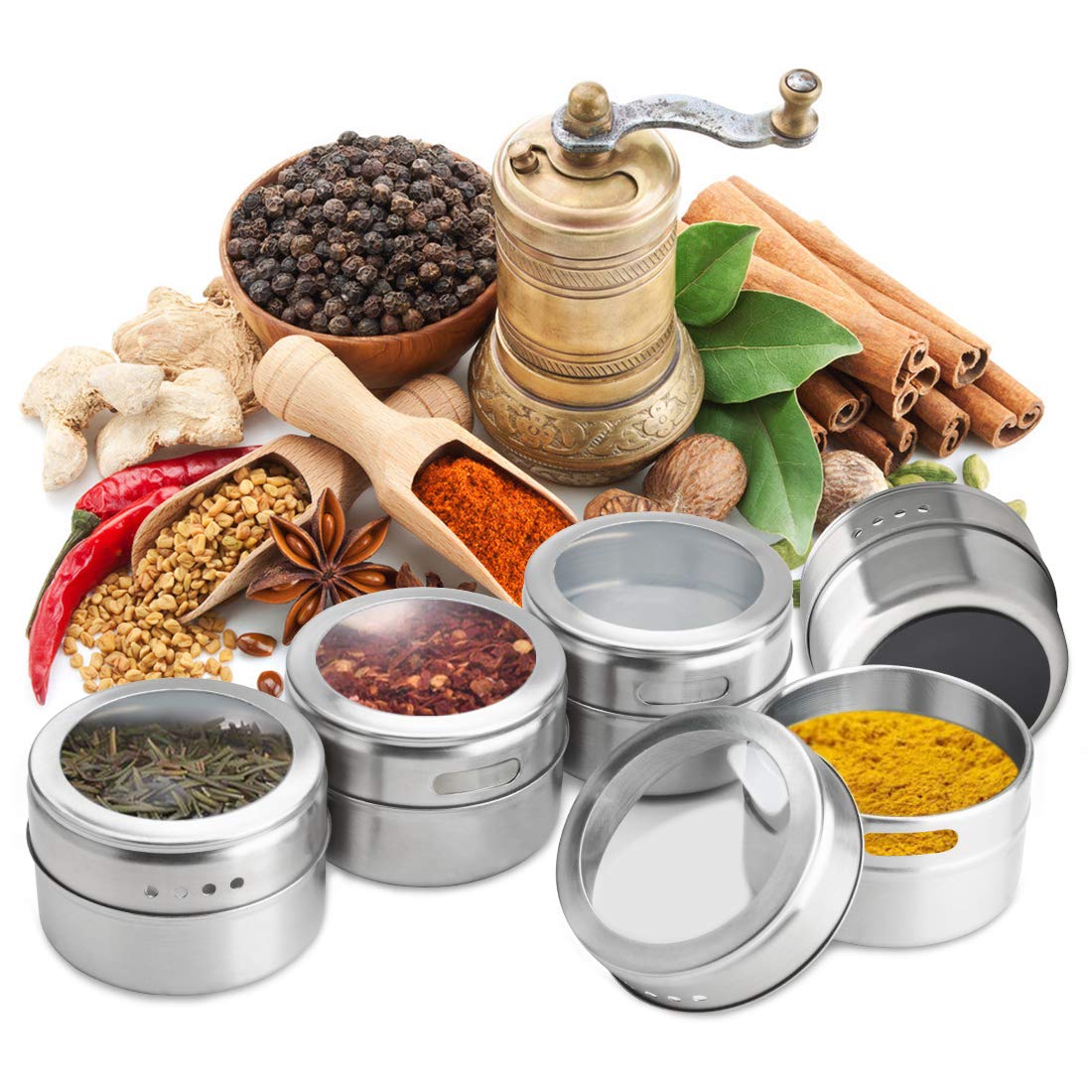 Aiyola magnetic spice jars 12-piece set with wall base, stainless steel lids easy to clean includes 120 labeling stickers