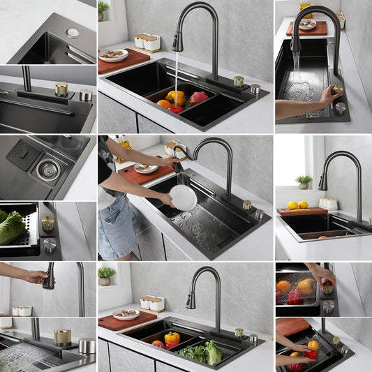 Black Nano Kitchen Sink Stainless Steel Waterfall Sink Set Nano-coated Worktop Sink with Pull-out Faucet and Cup Washer Pressure Glass Washer (Color: A, Size: 75 x 45 x 22 cm)