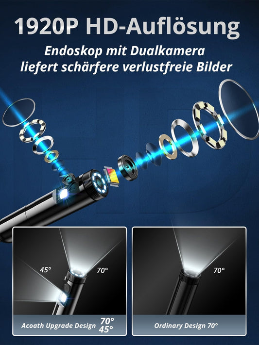 Acoath Endoscope Camera with Light, 1920 HD Tube Camera with 8 LEDs, IP67 Waterproof Inspection Camera Gadget, 10M Drain Camera Tools for Android & iOS - 2 Lenses