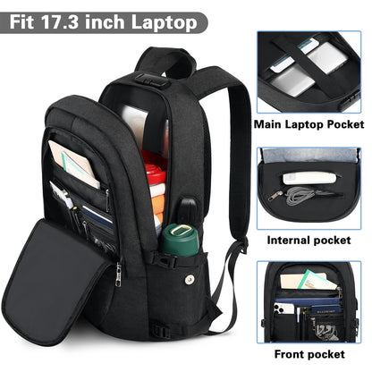 AMBOR Backpack for Men, 17.3 Inch Laptop Backpack School Backpack with USB Charging Port, Women's Anti-Theft Backpack Multifunctional Notebook Bag Waterproof, Black