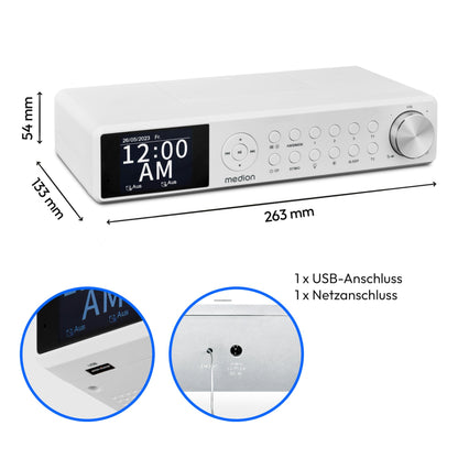 MEDION P66750 Kitchen under-cabinet radio (DAB+ kitchen radio, PLL FM radio, dimmable TFT color display, cooking timer, Bluetooth, LED strip, including mounting material) white