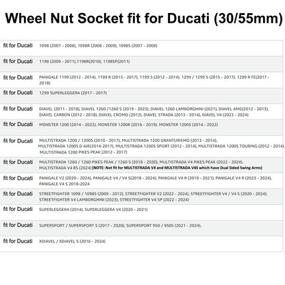 Use nut for Ducati motorcycle front + rear axle nut, axle tool, fits Ducati, ATVs, Superbike 1098, 1198, 1199, Panigale Multistrada Diavel, SW 55mm and 30mm.