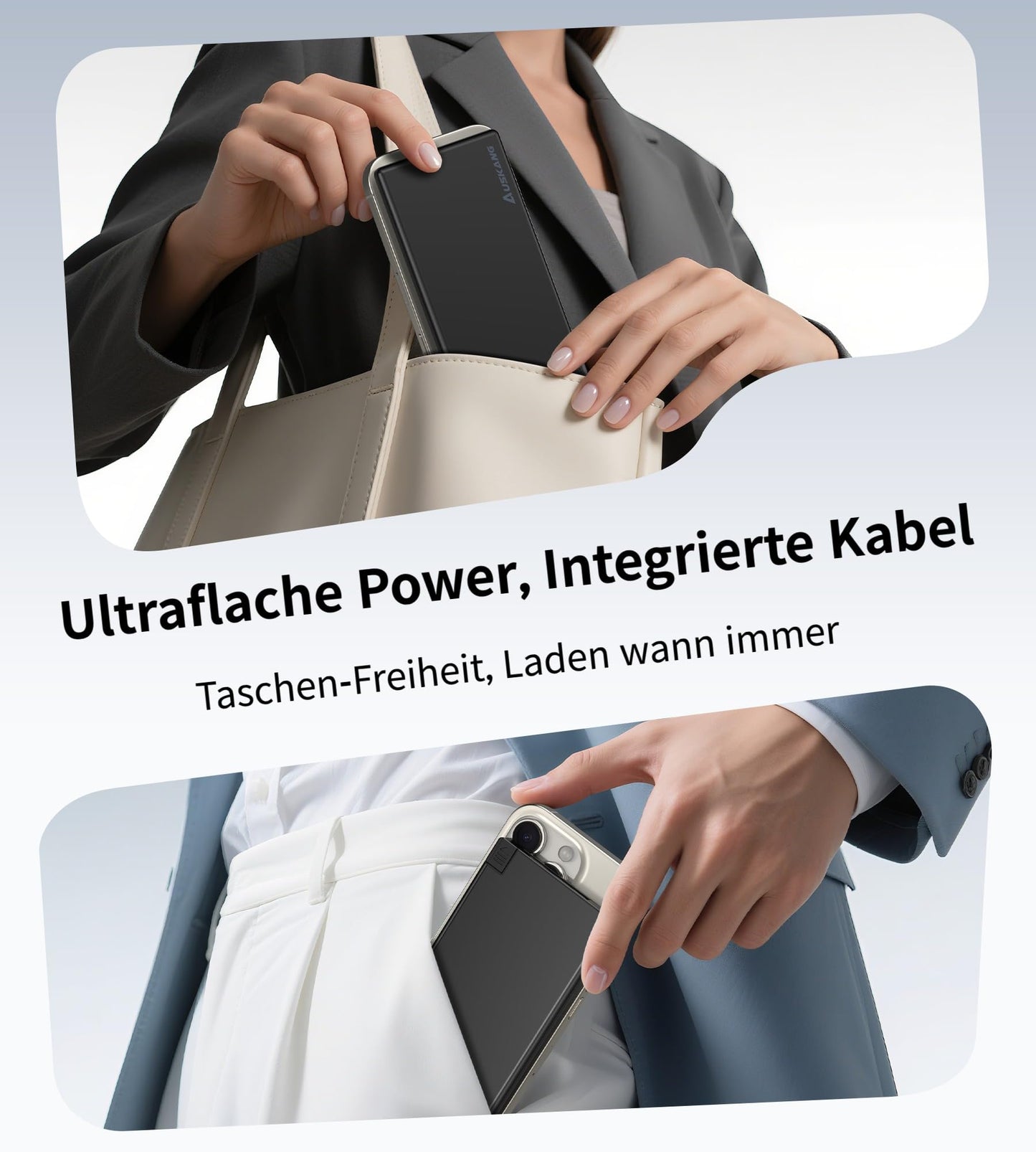 Auskang Powerbank USB C with Cable 0.68cm Ultra Slim Portable Charger Ultra-thin and lightweight External Battery, Compatible with iPhone, Samsung, Xiaomi, etc.- Black