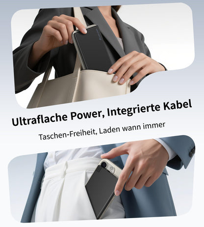 Auskang Powerbank USB C with Cable 0.68cm Ultra Slim Portable Charger Ultra-thin and lightweight External Battery, Compatible with iPhone, Samsung, Xiaomi, etc.- Black