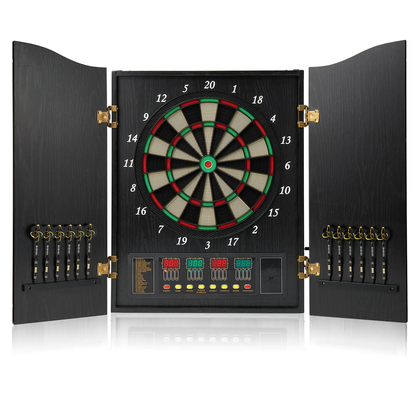 Brovamo dartboard, Decorative dartboard cabinet set [12*soft tip darts], Electronic dartboard, Wooden cabinet doors with integrated scoreboard [black]