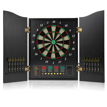 Brovamo dartboard, Decorative dartboard cabinet set [12*soft tip darts], Electronic dartboard, Wooden cabinet doors with integrated scoreboard [black]