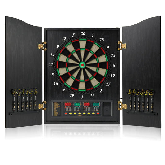 Brovamo dartboard, Decorative dartboard cabinet set [12*soft tip darts], Electronic dartboard, Wooden cabinet doors with integrated scoreboard [black]