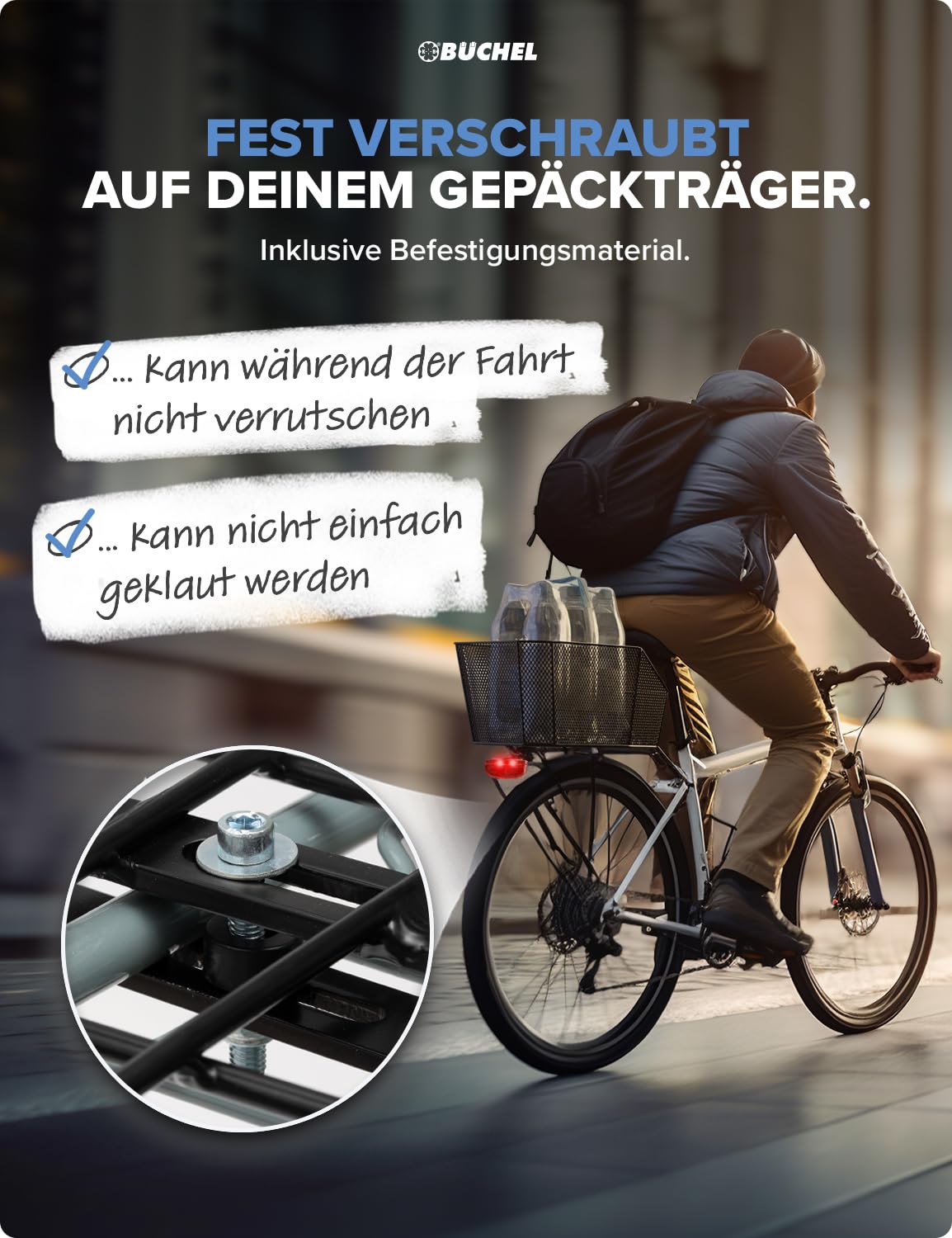 BÜCHEL Rear Bike Basket | XXL Jumbo Pro with mounting material for bicycle luggage rack | up to 10kg load capacity | Bike basket for children's bike