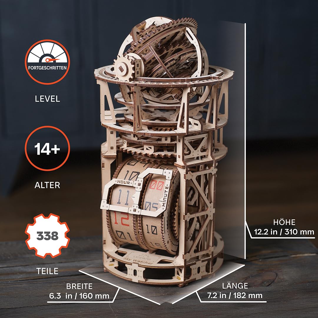 Ugears Sky Watcher Tourbillon Table Clock - 3D wooden puzzle adult watch model kit - Mechanical observatory building set with Tourbillon 3D Puzzle wood kit birthday gift - 338 pieces