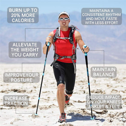 FitTrek hiking poles - Telescopic walking sticks - Adjustable lightweight Nordic walking stick for women, men, and children with rubber buffer, pads, and bag.