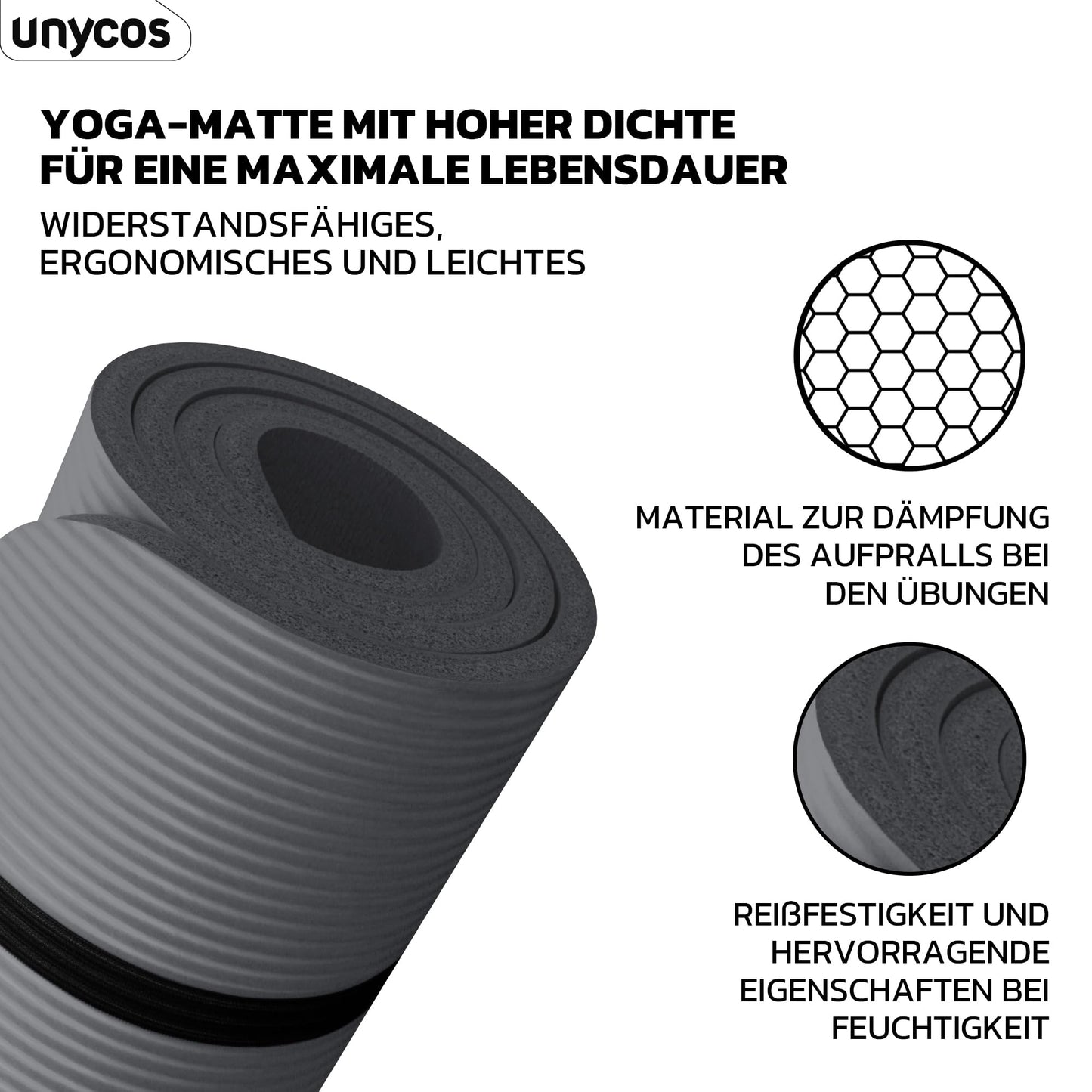 unycos - Gymnastics Mat - Yoga Mat Non-Slip【183x60 cm】NBR 15 mm Thickness | Includes Carry Strap and E-Book with Exercises, Non-Toxic Exercise Mat for Fitness, Pilates & Gym, Home Workout (Gray)