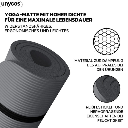 unycos - Gymnastics Mat - Yoga Mat Non-Slip【183x60 cm】NBR 15 mm Thickness | Includes Carry Strap and E-Book with Exercises, Non-Toxic Exercise Mat for Fitness, Pilates & Gym, Home Workout (Gray)