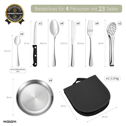 [23-piece 4 person] Camping Dinnerware Set - Cutlery set with stainless steel forks, knives, and spoons. Includes cutlery pouch - Portable utensils for outdoor, picnics, and BBQ. (Includes 4 teaspoons)