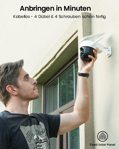 AOSU 2K Outdoor Surveillance Camera with Solar Battery 3MP [360° PTZ Panorama, Integrated Solar Panel] Wireless PIR Motion Detection Automatic Tracking Color Night Vision Sound & Light Alarm 2-Way Audio