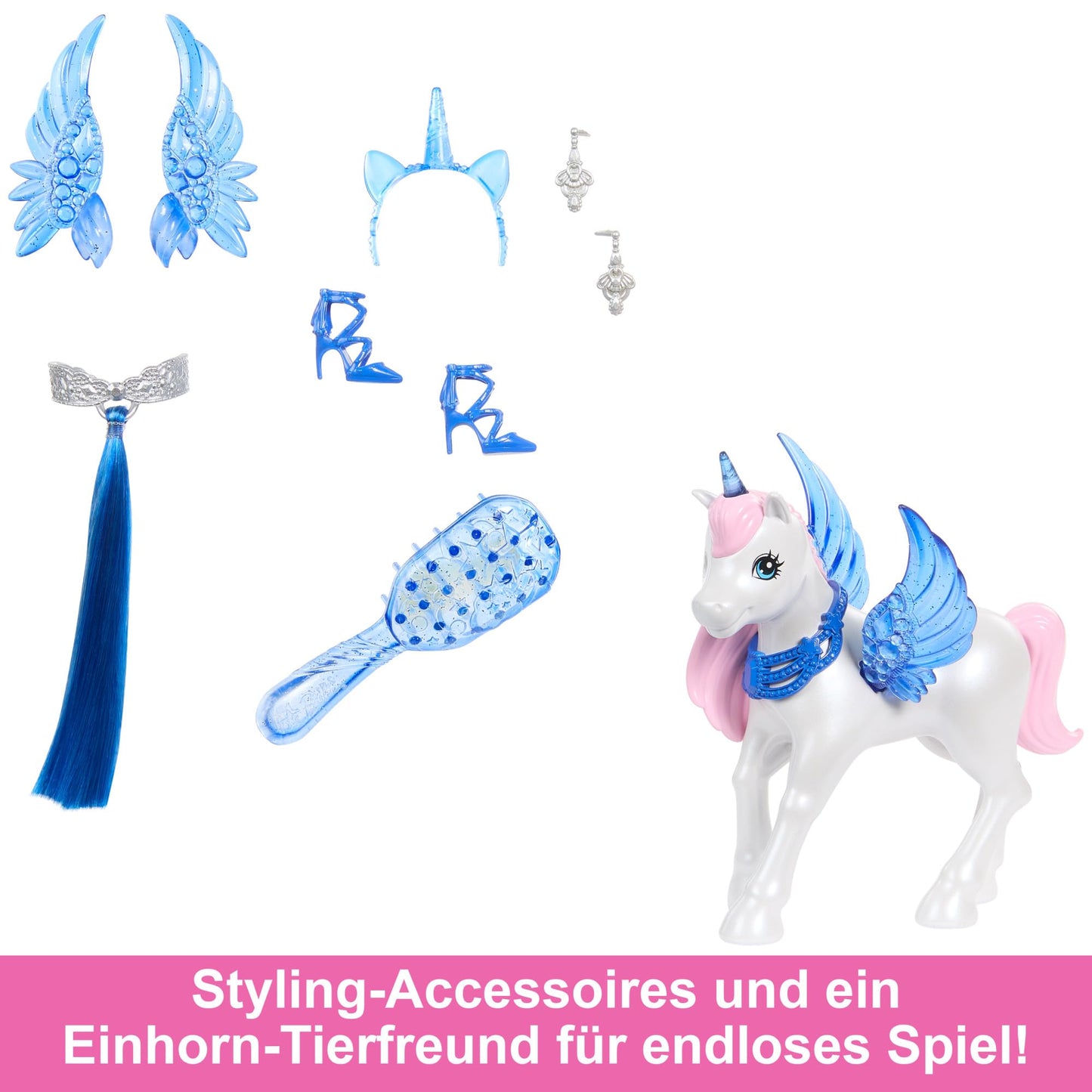 Barbie A hidden magic doll with unicorn, pink dress with sapphire blue details, unicorn headband, detachable sapphire wings, and unicorn tail, for children aged 3 and up, HRR16