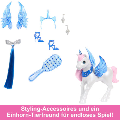 Barbie A hidden magic doll with unicorn, pink dress with sapphire blue details, unicorn headband, detachable sapphire wings, and unicorn tail, for children aged 3 and up, HRR16