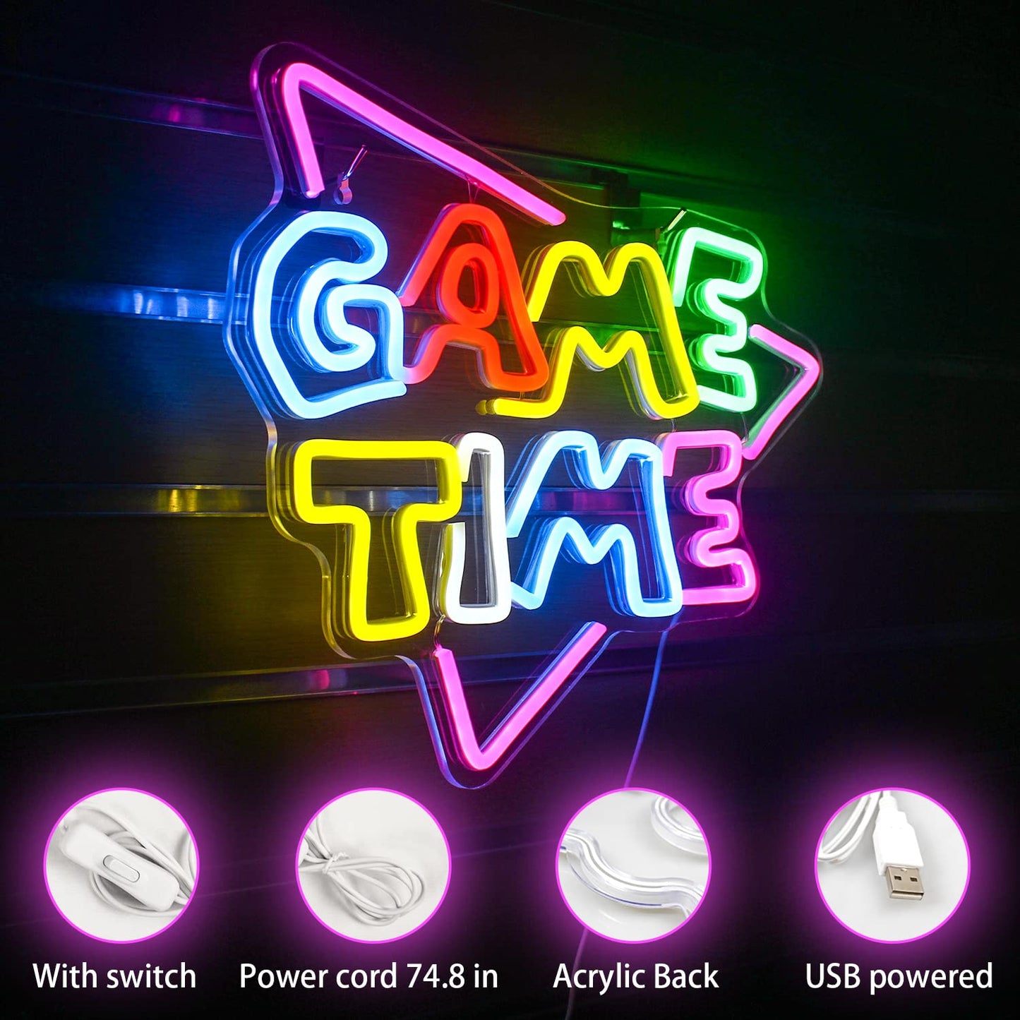 Game Time Neon Sign, Game Room Neon Light for Wall Decor, Gaming LED Sign powered by USB for Game Room, Gaming Area, Game Time, Home Decor