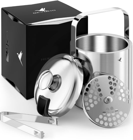 Beyond ice bucket with lid and tongs 100% BPA free made of stainless steel - double-walled ice cooler, 1.3 liters. Ice bucket for ice cubes storage.