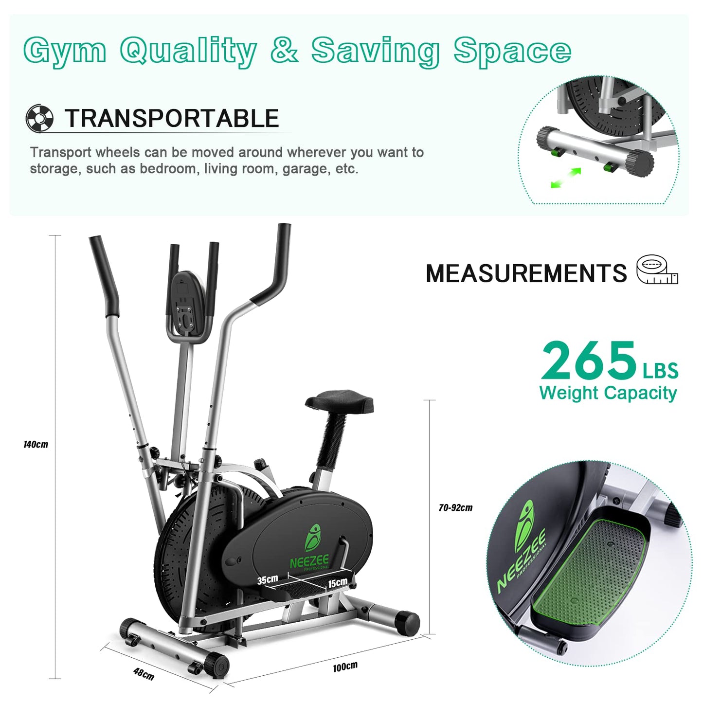 Home Cross Trainer Neezee Crosstrainer Pro 2-in-1 Elliptical Trainer with magnetic resistance, seat, smart LCD display, easy storage, transport wheels up to 120 kg (Silver)