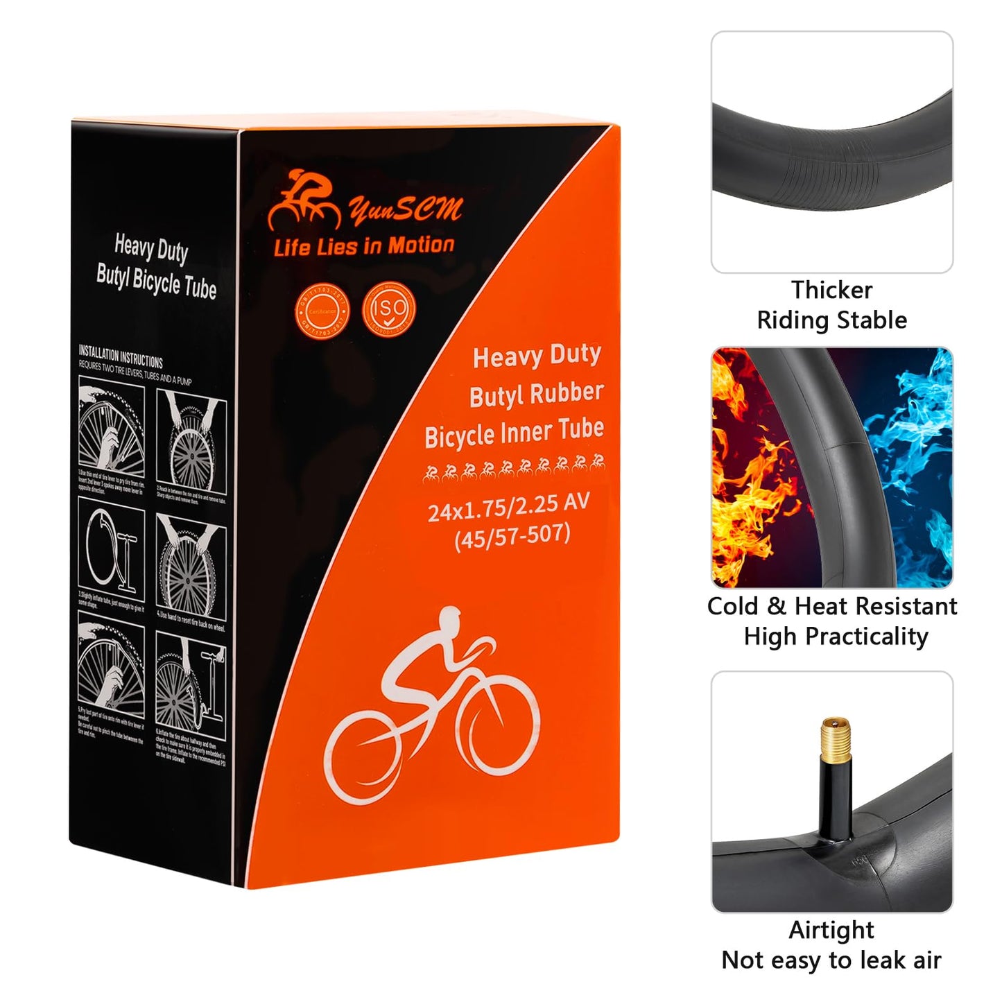 YunSCM 2PCS 45/57-507 Thickened 24 Inch Inner Tube 24x1.75 24x1.95 24x2.0 24x2.10 24x2.125 24x2.25 AV32mm Valve Compatible with 24 Inch Bike Tube/Mountain Bike/E-Bike 24x1.75/1.95/2.125/2.25