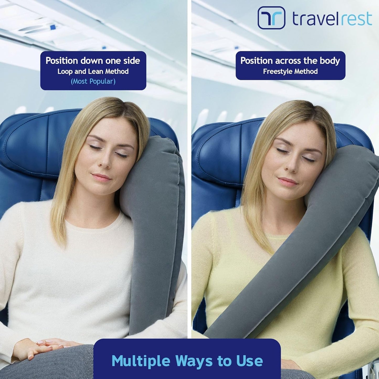 Travelrest Ultimate Travel Pillow for Neck and Body, inflatable, space-saving, for sleeping on long flights, napping on road trips, for traveling in car and bus, Gray.