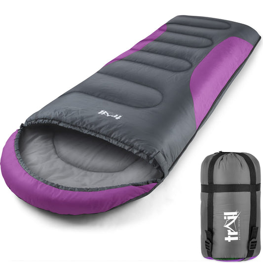 Alpine trail sleeping bag with hood - 250g bag, 3-season sleeping bag. Lightweight, compact - with hood and compression sack (Purple)