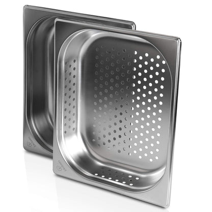 jokobela GN Container SET :: GN 1/2 65mm, 1x perforated, 1x non-perforated :: Compatible with Gaggenau/Miele/Siemens/AEG/Electrolux steam ovens (Heat-resistant, stainless steel, Dishwasher safe)