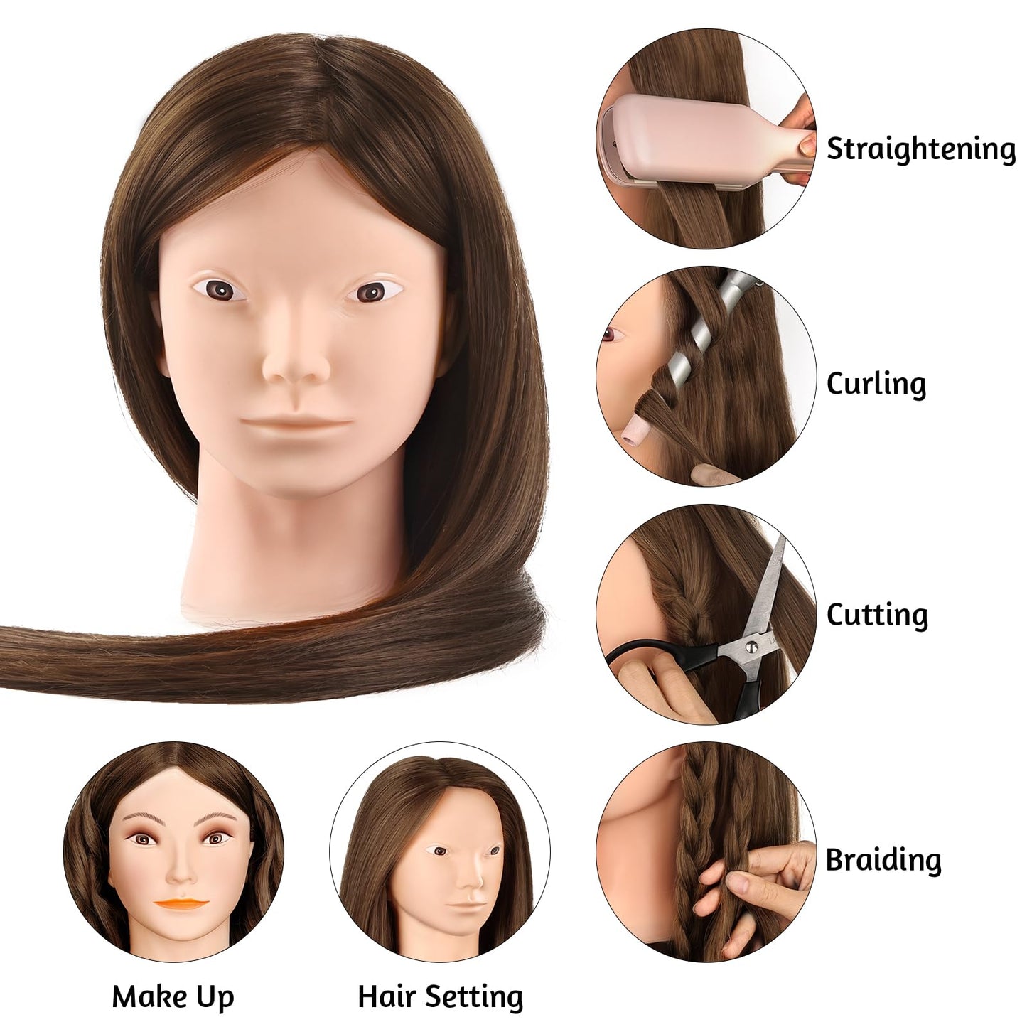 Mannequin Head Real Hair, TopDirect 66cm/26 Inch 70% Human Hair Practice Head Hairdressing Training Head with Braiding Tool & Stand & 7 PCS Colored Hair Extensions