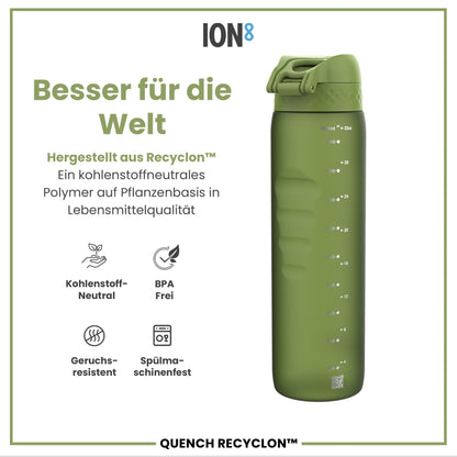 ion8 1 liter water bottle, 1000ml, leak proof, one-handed opening, secure locking, dishwasher safe, BPA-free, carrying handle, easy to clean, perfect for sports and gym, khaki green