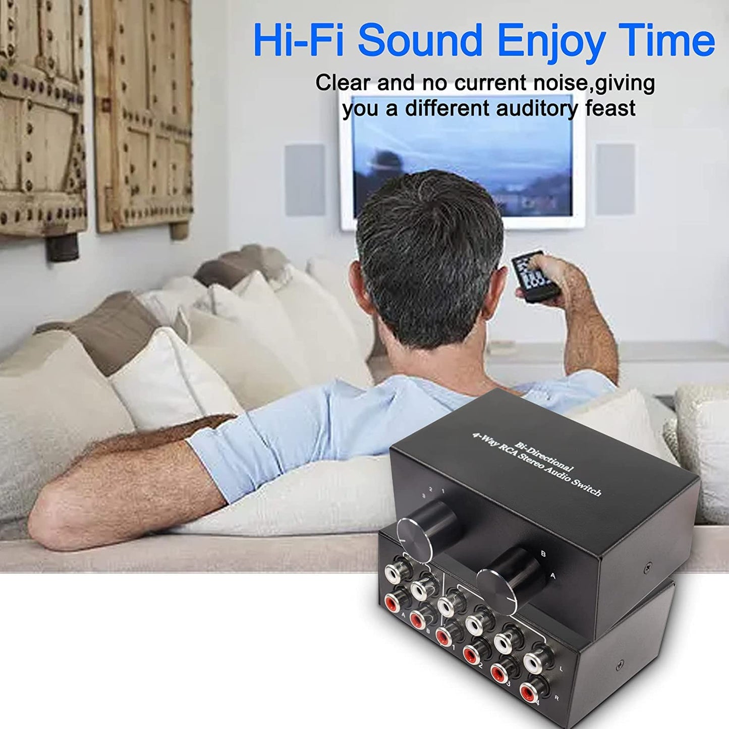 XMSJSIY 4-way bidirectional RCA stereo switcher, audio selection box for DVD, speakers, CD player, compatible with devices with L/R audio channels.