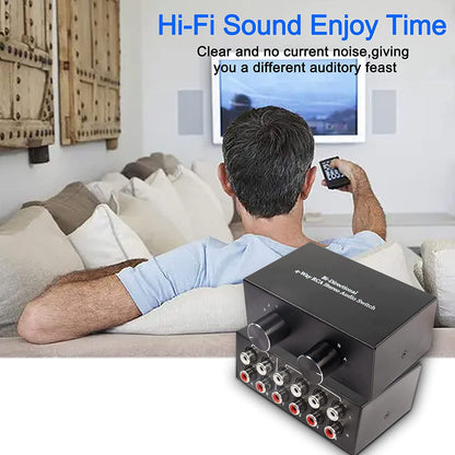 XMSJSIY 4-way bidirectional RCA stereo switcher, audio selection box for DVD, speakers, CD player, compatible with devices with L/R audio channels.