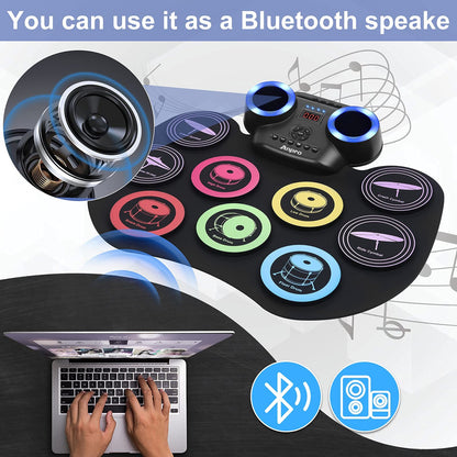 Anpro Nine-Sided Electronic Color Drum Kit, 8PCS Drum Practice Set, portable electric drum, built-in audio with headphone jack, LED color screen, Best Birthday Gift