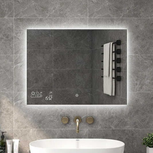 Goodbye cold LED bathroom mirror anti-fog 80x60 cm, bathroom mirror wall mirror light mirror with touch switch, WiFi weather station & date, smart mirror, horizontal
