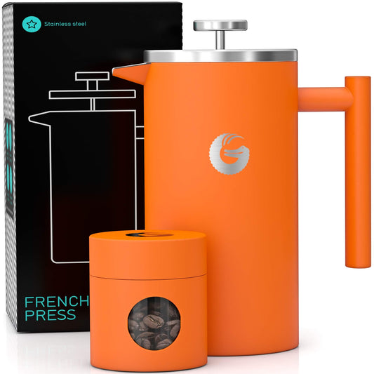 Coffee Gator French Press 1 Liter - with Travel Jar Canister, Double-Walled Insulated Stainless Steel Coffee Maker, Portable Hot Cold Brew Tea Pot for Home Office Kitchen Camping Outdoor