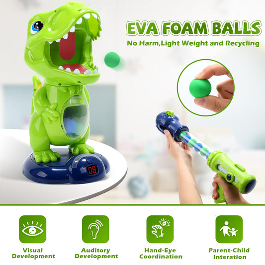 EagleStone Moving Dinosaur Shooting Toy for kids, target game with 2 air pump guns, party toy with score display, LED and sound, gift for boys and girls.