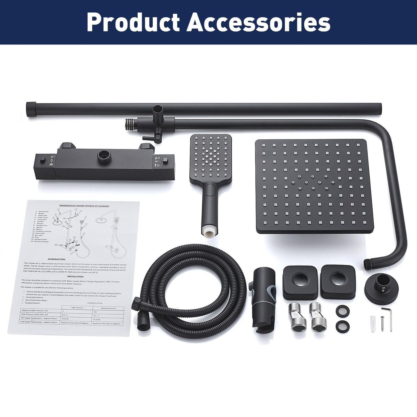 Solepearl Black Shower System with Thermostat 38℃, Rain Shower with Thermostat Shower Mixer, Shower Set including 21 cm Head Shower, 3 Functions Hand Shower, Stainless Steel Adjustable Shower Bar