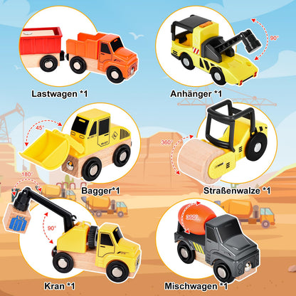BuzzoXerex Construction Vehicles Children's Wooden Toy, Construction Vehicles Magnetic with Portal Crane, Excavator, Crane Truck, Dump Truck - Gift for 3+ Years
