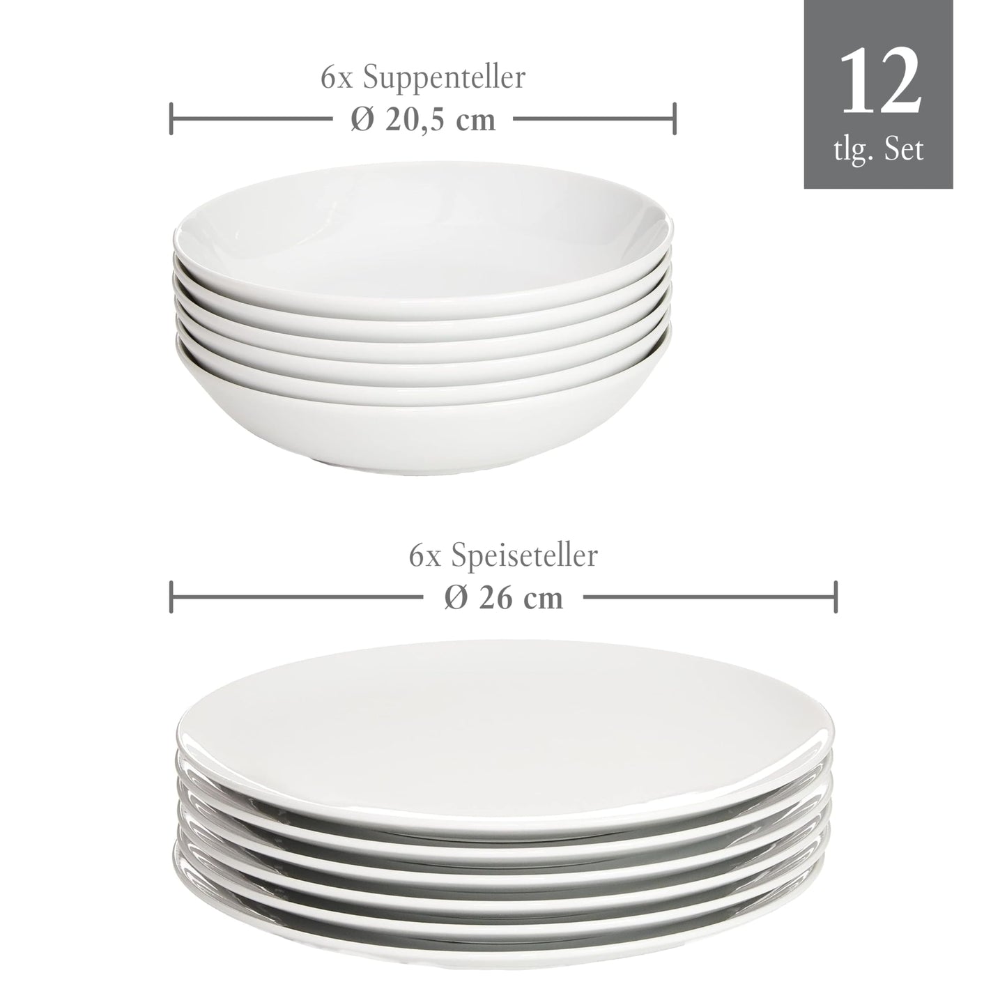 Vivo - Villeroy & Boch Group - New Fresh Basic Plate Set White 12 Pieces for 6 People, Dishwasher Safe, Microwave Safe, Dinnerware, Tableware, Soup Plates, Dinner Plates, Side Plates, Porcelain