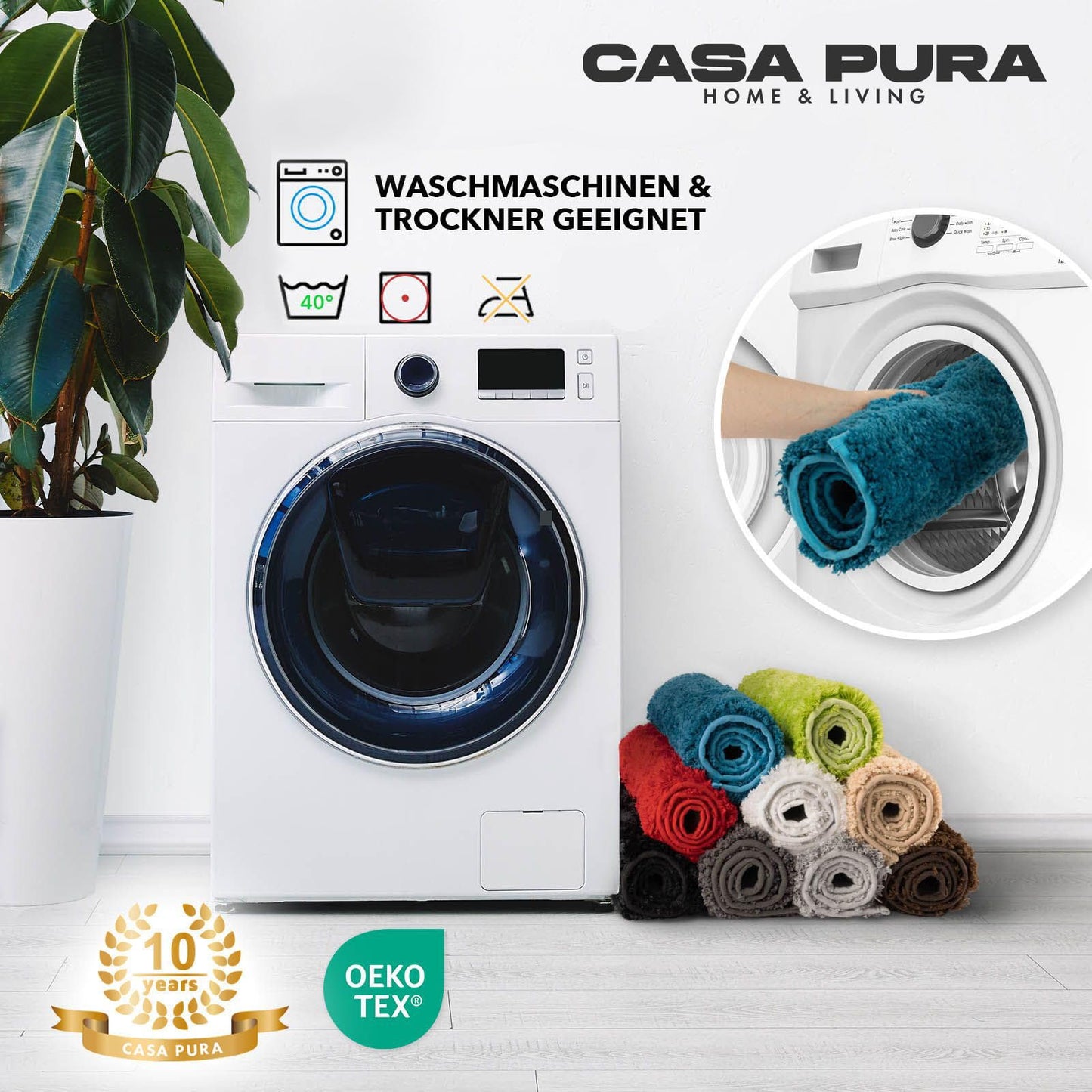 casa pura turquoise bath mat soft, fluffy bathroom rug in shaggy look, non-slip washable bath mat - shower mat, carpet floor mat for bathroom, shower 60x100 cm, Sky Soft