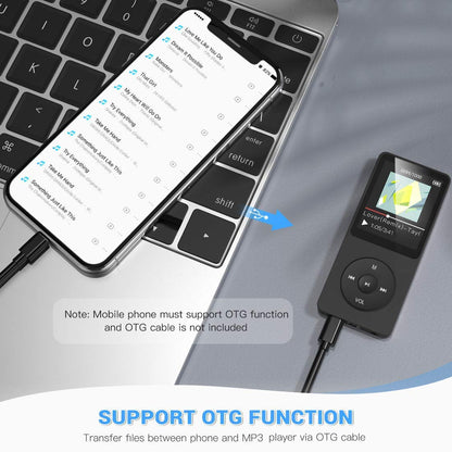 AGPTEK MP3 Player, 16GB lossless MP3 with 1.8 inch screen, 70 hours portable music player with headphones, FM radio, pictures, recordings, e-book, black.