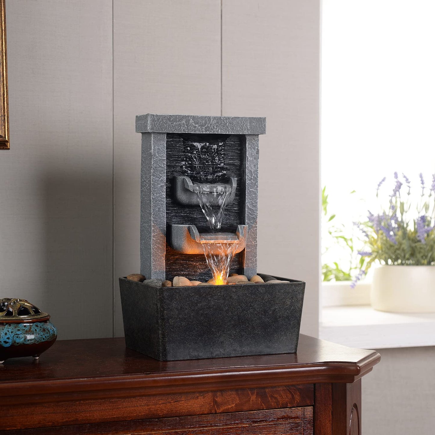 Waterfall fountain for indoor use, relaxation, high-pressure water pumps, tabletop fountain, water fountain with reflective lighting/river rocks, home/office decor (21097)