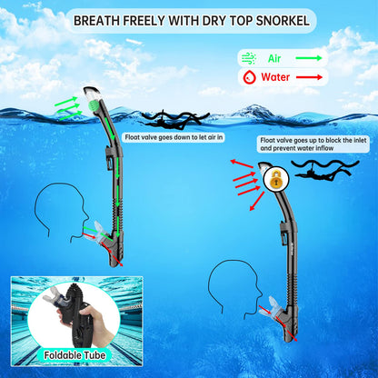 Arlierss diving mask, snorkel set with snorkel and diving mask, 180° panoramic HD tempered glass anti-fog anti-leak premium dry snorkel for adults.
