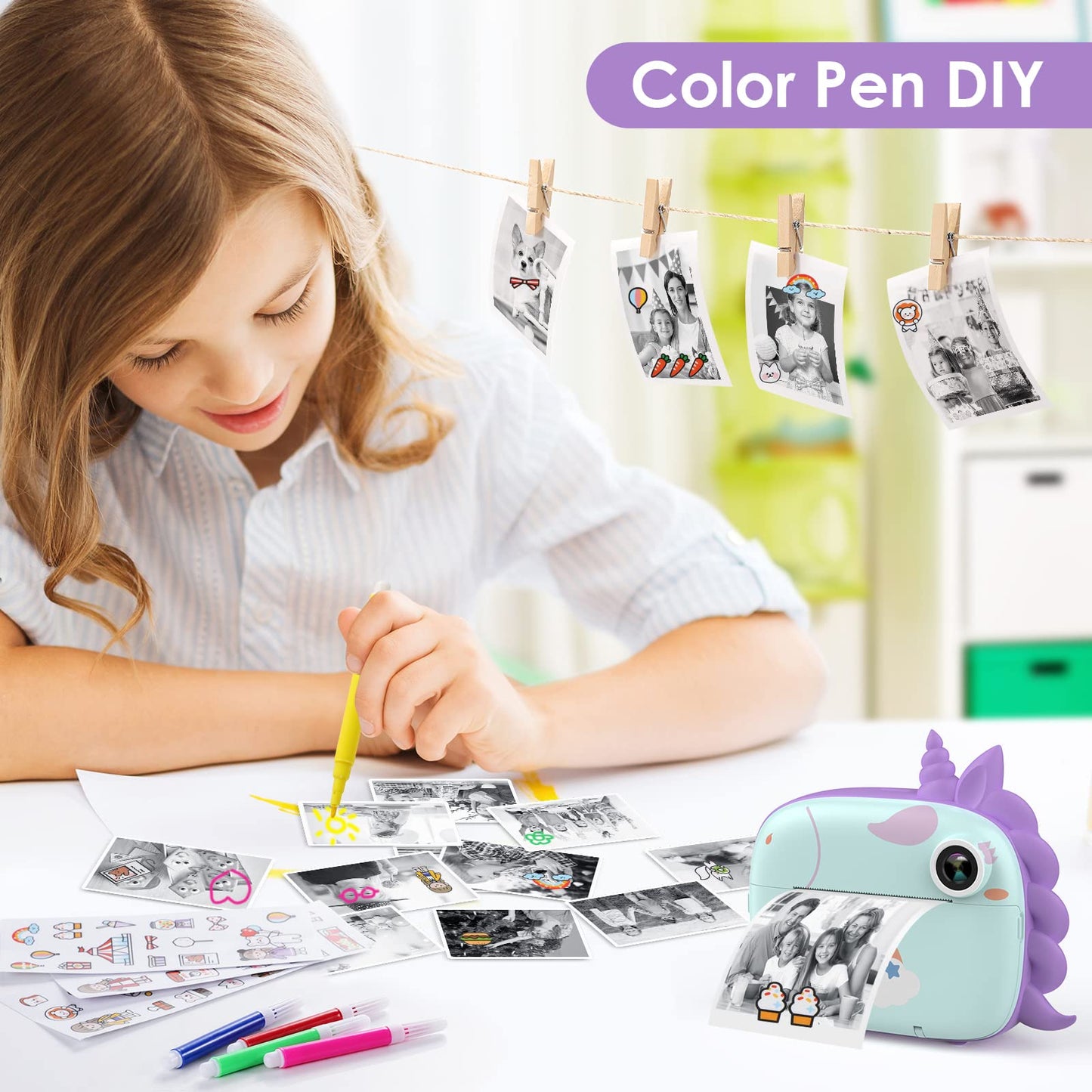 HiMont Kids Camera Instant Camera, Digital Camera for Kids with printing paper & 32G TF Card, Video Camera with colored pens & fun accessories, Gift for Kids aged 3-14 (Green)