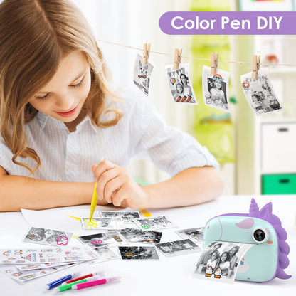 HiMont Kids Camera Instant Camera, Digital Camera for Kids with printing paper & 32G TF Card, Video Camera with colored pens & fun accessories, Gift for Kids aged 3-14 (Green)