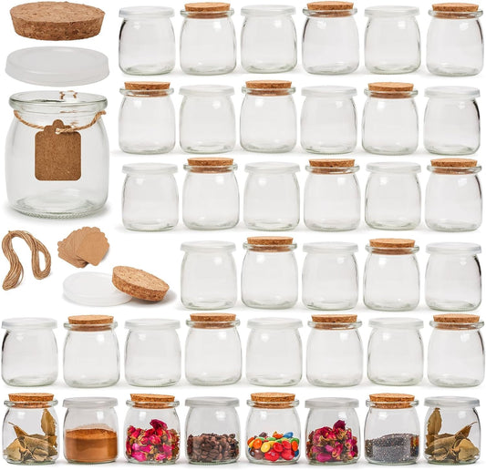 EZOWARE 40 Pack 150ml Spice Jars with Cork Lids, Pudding Jars, Yogurt Jars, Glass Containers with Labels and String for Yogurt, Pudding, Wedding Gifts.