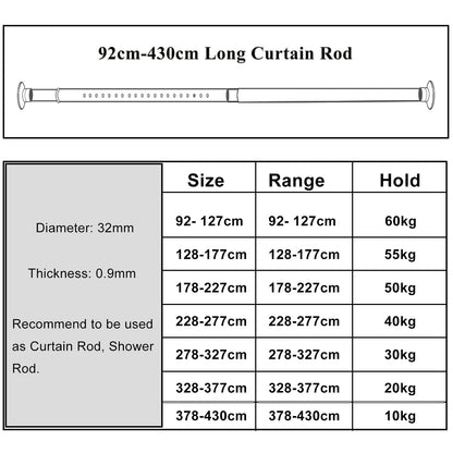 Telescopic Rod No Drilling, 378-430cm Extendable Stainless Steel Shower Curtain Rod for Large Windows/Shower Room (Gray, 378-430cm)