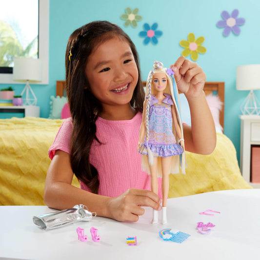 Barbie Fun & Fancy doll with accessories, fashion doll with extra long blonde hair and 2 looks, including silver metallic dress and hair extensions, JCT72, [Multicolor]