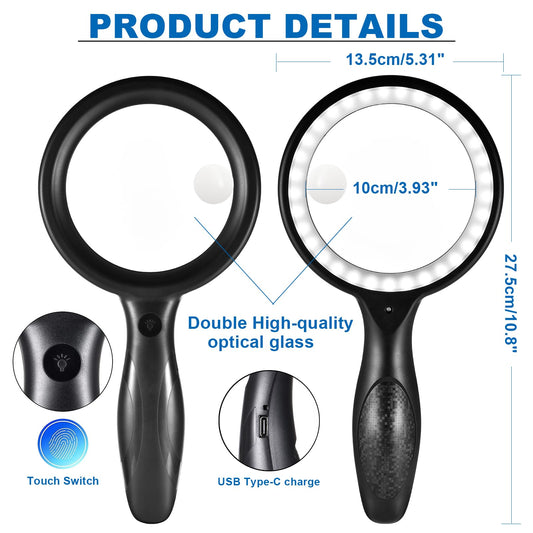 Magnifying Glass with Light, 60X 30X 33 LED Handheld Magnifier 30X Reading Magnifier with Light, USB Rechargeable Magnifier 3 Modes Reading Magnifier for Seniors, Kids, Jewelers, Hobbies