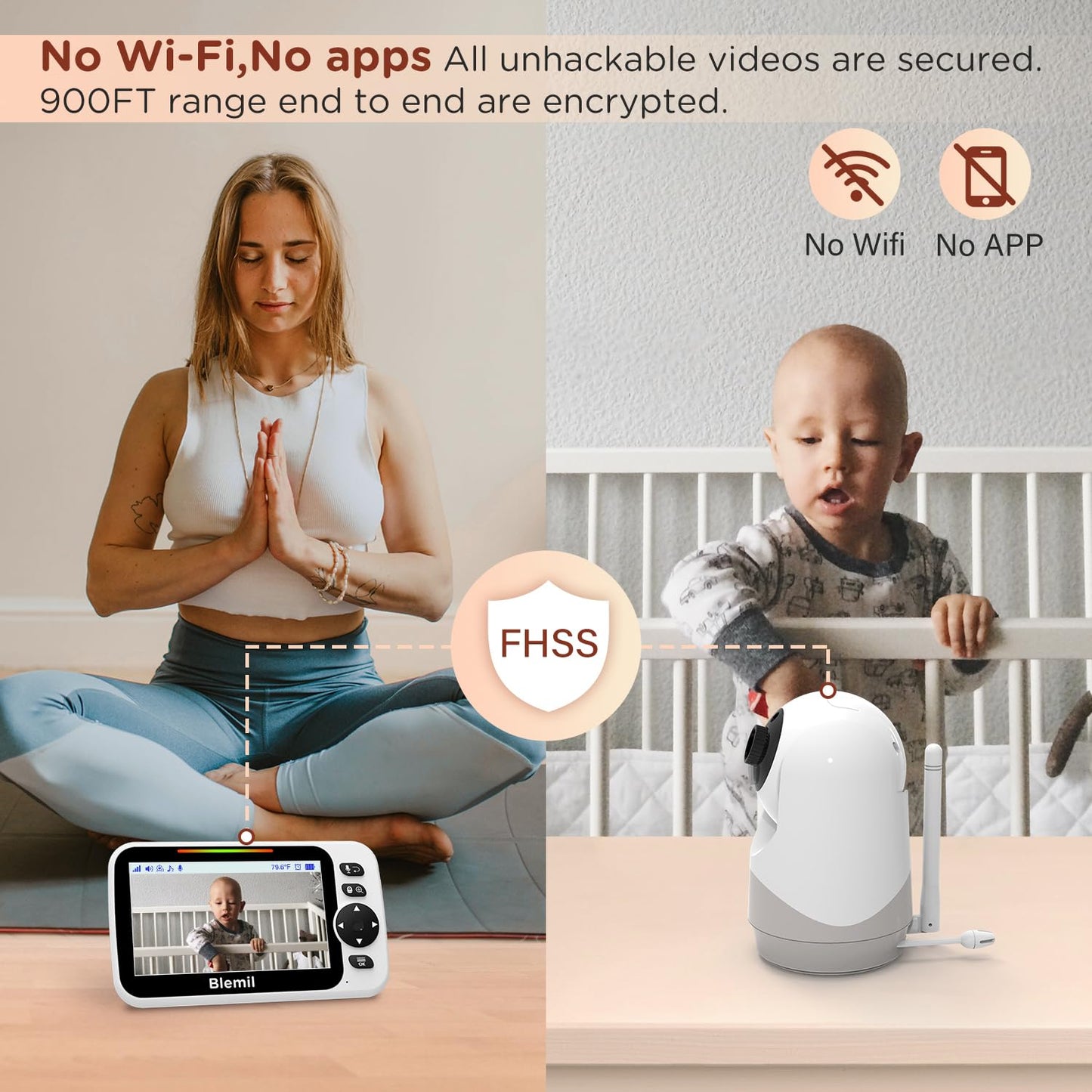 Video baby monitor with audio, 30-hour rechargeable battery, 5" screen, remote pan/tilt/zoom camera, two-way talk, night vision, no WiFi.